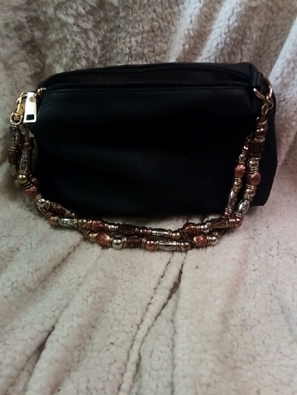 Hand Crafted Black Purse with Mixed-Metal Beaded Strap